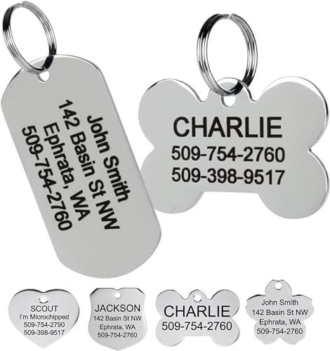 YINFEIAI Stainless Steel Pet ID Tags: Personalized, Engraved, up to 8 Lines of Custom Text, in Bone, Round, Heart, Bow Tie and More for Dogs and Cats. (Small(1Pack), Rectangle)