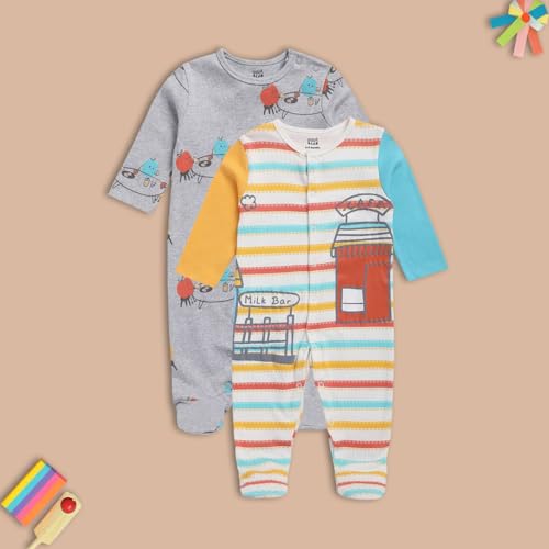 Image of miniklub Baby Front Open Long Sleeve Cotton Sleep Suit, Pack of 2 (Blue /White Color)