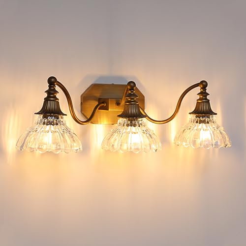 Image of hesoge Vintage Bathroom Light Fixture Brushed Gold Vanity Light with Crystal Glass Shade Antique Brass 3 Light Bathroom Light Over Mirror