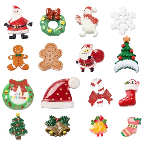 SUNNYCLUE 32Pcs 16 Style Christmas Cabochons Flatback Christmas Resin Embellishments Santa Claus Snowman Jingle Bells for Christmas Decorations Gingerbread Scrapbooking Snowman Xmas Gift Box Decor