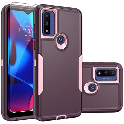 YZOK for Moto G Pure Phone Case, [Shockproof] [Dropproof] [Tempered Glass Screen Protector],Heavy Duty Protection Phone Case Cover for Motorola G Play 2023 (WineRed Pink)