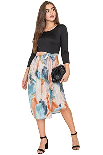 Image of Eloges Women's 3 /4 Sleeve Contrast Waist Band Floral Curved Hem Midi Dress