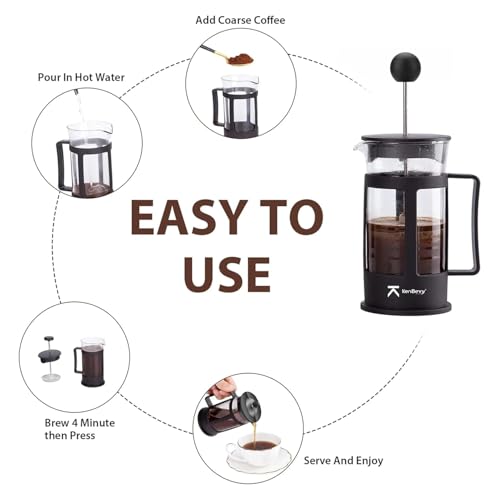 Image of KenBerry French Press Coffee & Tea Maker Borosilicate Glass with sleeves Carafe | BPA-Free Plastic Lid | 4-Level Filtration with Stainless Steel Plunger with Mesh | Compact & Durable, 600 ML