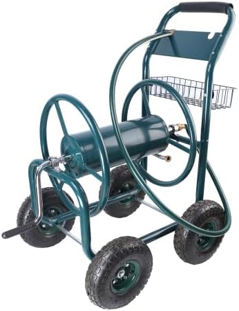 【LuckyNote】Garden Hose Reel Cart - 4 Wheels Portable Garden Hose Reel Cart with Storage Basket Resistant Heavy Duty Water Hose Holder