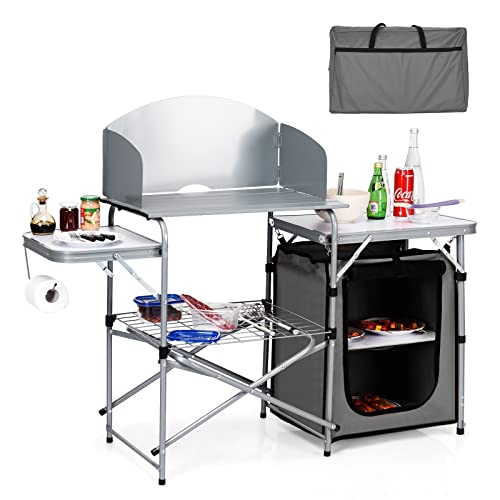 GYMAX Armoire de Camping Pliable, Cuisine Extérieure Jardin, avec Cadre en Aluminium, Pare-Brise, Plan de Travail Spacieux, Étagère à Grille, Sac de...