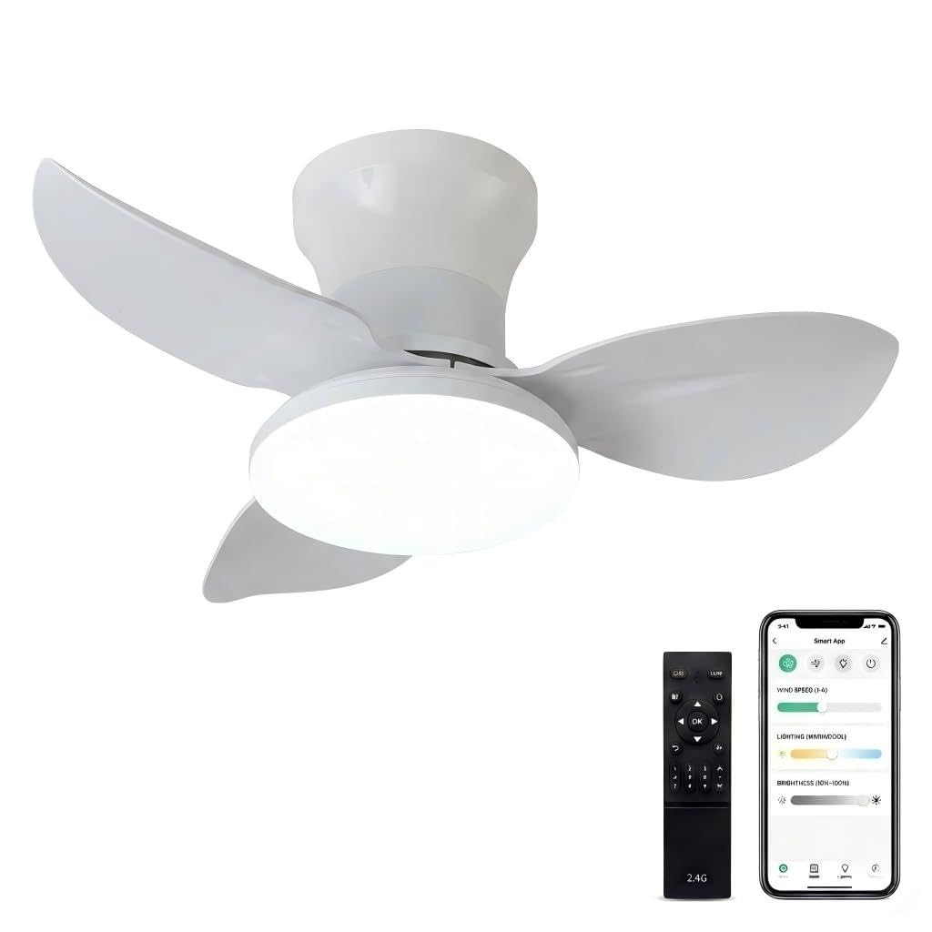 HXYSXHJUO 25 Inch Smart Wood Ceiling Fan with Light, Stepless Dimmable Flush Mount App/Remote Control, Modern Quiet Reversible 3-Blade Lighting for Indoor Bedroom, 220V Energy Saving (White)