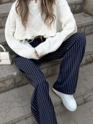 Striped Pants Women Wide Leg Pants Business Casual Straight Office Blue Elasticitys Trousers S~L2