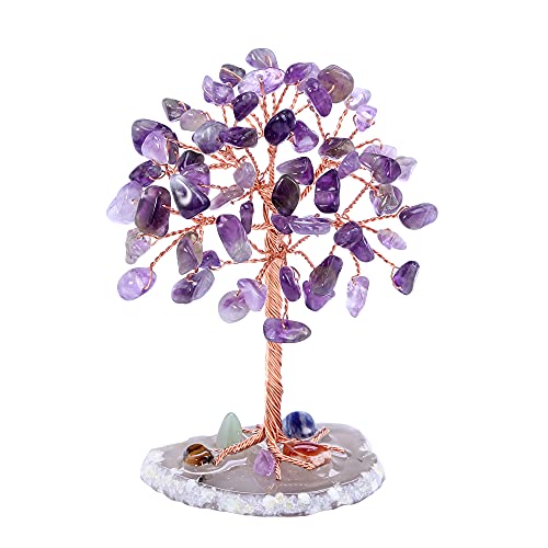 CrystalTears Feng Shui - Árbol de la vida decorativo hecho a mano con alambre de cristal con base de ágata, decoración para salón, oficina, mesa/amatista Cover