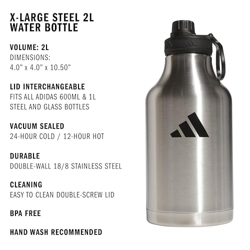 Image of adidas 2 Liter (62 Oz) Metal Water Bottle, Hot /Cold Double-Walled Insulated 18 /8 Stainless Steel