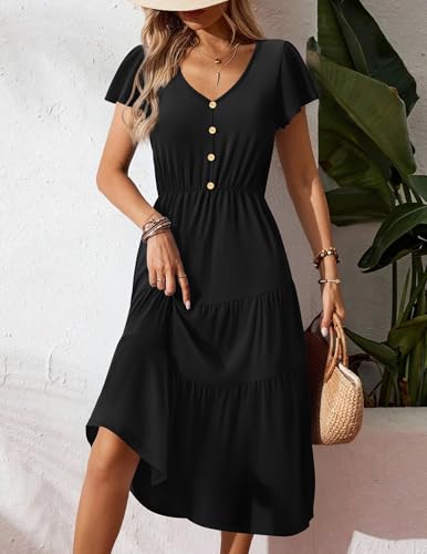 Image of Zeagoo Women's Summer Casual Dress Flutter Short Sleeve V Neck Button Down Tiered Flowy Long Dress with Pockets
