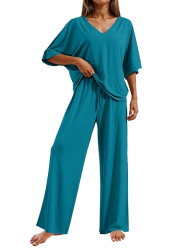 Image of Ekouaer Pajama Sets for Women 2 Piece Lounge Set Short Sleeve Tops and Long Pants Soft Comfy Pjs Sleepwear Outfits S-XXL
