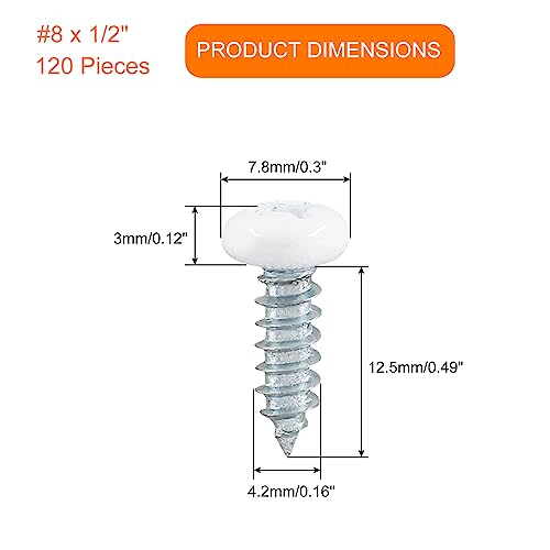 LifCratms 120Pcs #8 x 1/2" White Stainless Steel Pan Head Screws - Self-Tapping, Phillips, Sheet Metal Screws