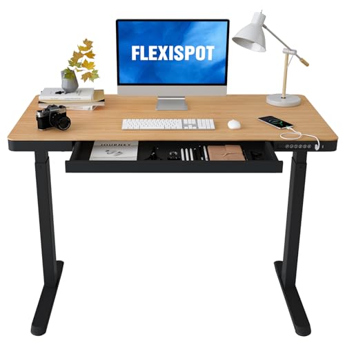 Image of FLEXISPOT 48 inch Electric Standing Desk with Drawers, USB Charging Ports, Quick Assembly, Height Adjustable Sit Stand Desk with Child Lock for Natural Home Office, Bamboo Finish Top /Black Legs