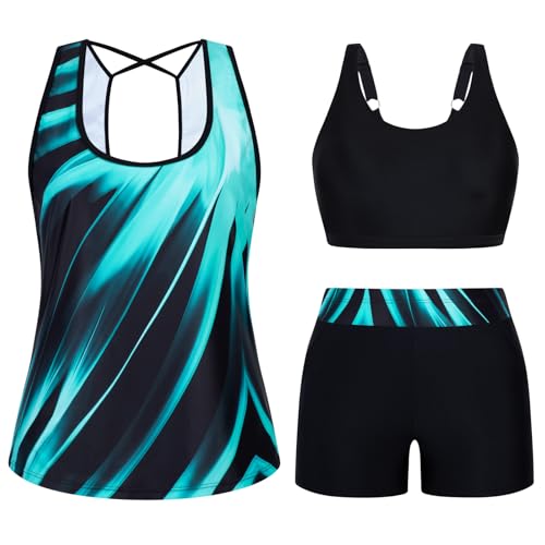 Arolina 3 Piece Swimsuits for Women Tankini Sets Tummy Control Modest Bathing Suits Plus Size Swimsuit Swimwear Blue Oblique Stripes Large