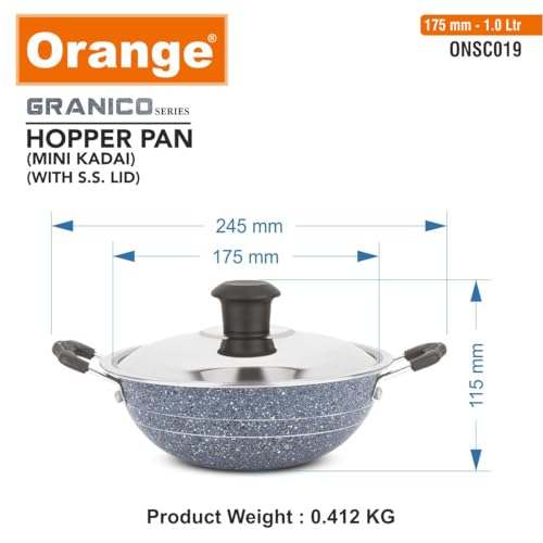 Image of Orange Granico Series Non-Stick Mini kadai /Hopper pan with Stainless Steel Lid, Aluminium 2.6mm Thickness | Free Nylon Spatula & Scrubber | 175mm, 1 Lit Capacity | Gas Stove Friendly | 1Year Warranty