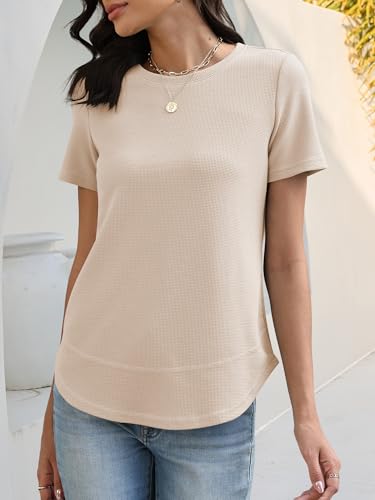 Image of ANRABESS Womens Waffle Knit Tops Short Sleeve Crewneck Shirts Curved Hem Summer Dressy Casual Blouses Spring Fashion Clothing