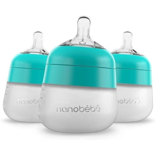 Nanobébé Flexy Silicone Baby Bottle, Anti-Colic, Natural Feel, Non-Collapsing Nipple, Non-Tip Stable Base, Easy to Clean 3-Pack, Teal, 5 oz