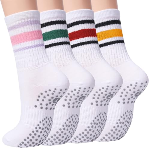 Toes Home Slouchy Pilates Socks with Grips for Women, Striped Yoga Non Slip Scrunch Crew Socks Slipper Footies for Barre Hospital Workout Boot 4 Pairs White