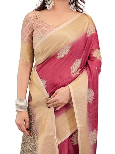 Image of ALMAARI FASHION Handloom Cotton Saree, Pink and Beige with Lotus Motifs, Silver Zari Border, 5.5 Metres