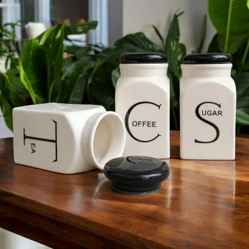 Image of Ceramic Tea Coffee Sugar Container Set of 3 for Kitchen Storage 500 ml | Airtight Ceramic Canisters with Lid | Modern Storage Jars for Tea Coffee Sugar | Food Storage Containers | White & Black Lid