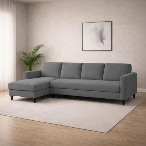 Image of Carlos LHS 4 Seater L Shape Sofa Set for Living Room & Home Office Furniture, Modern Durable Sectional Corner Sofa Couch, Premium Fabric Comfortable Seating with Strong Frame (Dark Grey)