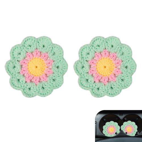 2 portavasos flor de algodón tejidos para auto verde miniatura 1