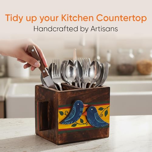 Image of AAKRITI ART CREATIONS Love Birds Cutlery Holder Small | Hand-painted Wooden Stand For Dining Table | Kitchen Knife Holder | Wooden Cutlery Holder, Multicolor Matte Finish