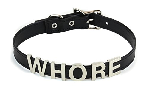 Whore Slut Slave Bondage Ring Collar 3D Letter Genuine Leather Choker with Buckle (WHORE)