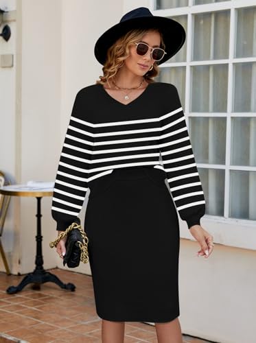 Snug & Chic: Black Striped Sweater Skirt Set Delight - Image 3