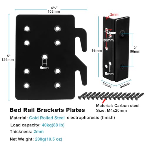 GBGS 4 Sets Bed Frame Bed Post Double Hook Slot Bracket,Cold Rolled Steel 5" x 4¼",Thickness 2 mm, for Bed Rail Hooks Plates Bed Accessories, Screws Included - Image 2