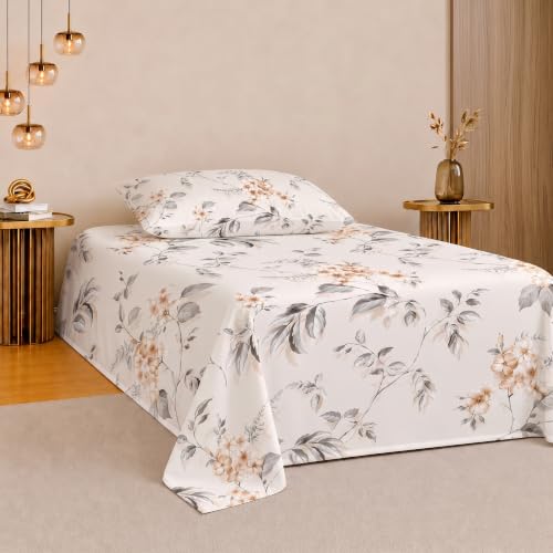 Image of IVAZA 260 TC Soft Ezyption Cotton Floral Single Bed Sheet - Single bedsheet with 1 Pillow Cover Hypoallergenic, Brethable, (Size- 90 x 60 Inch Champagne Peach