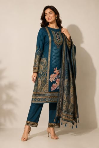 Image of WOOL'S KART|Women's Floral Printed Straight Kurta with Trousers & Dupatta Set | 3-Piece Ethnic Suit Set 103