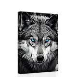 ZHOUWALLPIC Wolf Canvas Wall Art - Wild Animals Wall Pictures - Black and White Wolf with Blue Eyes - Easy to Hang (12 * 18 inch)