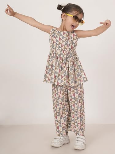 Image of FABRIC FITOOR Kids Cotton Grey Colour Geomatric Print Top & Palazzo Set /Co-ord Set For Girls