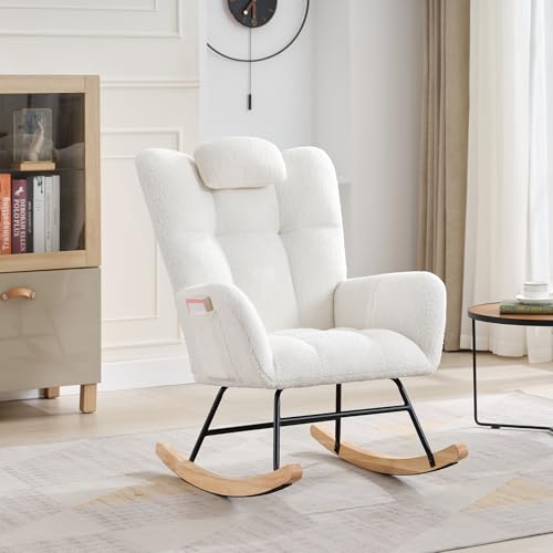 Image of Teddy Upholstered Rocking Chair for Nursery, Fluffy Glider Rocker for Adults, Ideal for Small Spaces - Nursing Chair for Living Room, Bedroom, Beige