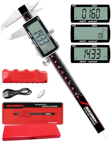 Digital Caliper, 6 Inch Rechargeable & Power Indicator Caliper Measuring Tool - 0.01mm Accuracy, Large LCD Vernier Calipers - IP54 & Stainless Steel, MM/Inch/F for Metal & Wood Working, 3D Printing