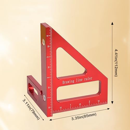 3D Multi Angle Measuring Ruler, 45° & 90° Degree Triangle Scriber Square Protractor, Miter Triangle Ruler Measuring Tool for Engineer Aluminum Inch Scale for Carpenters and Woodworkers (Red)