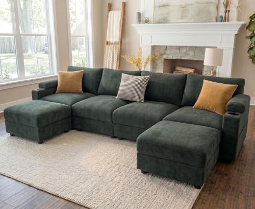 Image of Sectional Couches for Living Room FSC Certified Chenille Modular Couch Oversized Cloud U Shaped Convertible Sleeper Sofa Chaise Detachable Armrest Cushion (Chenille Green, U Shape 6 Seat)