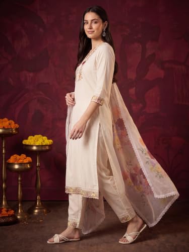 Image of INDO ERA Women's Lavender Silk Blend Embroidered Straight Kurta And Pant With Dupatta Set