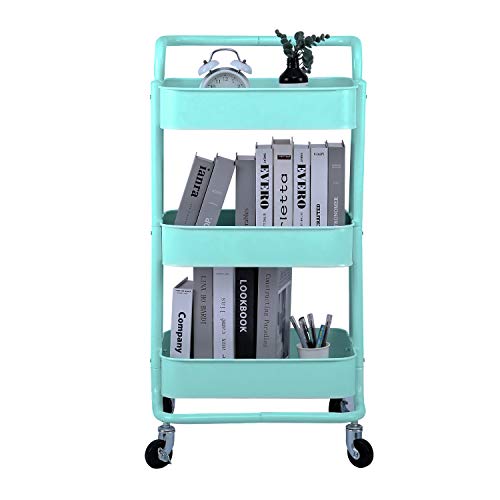 3-Tier Metal Mesh Rolling Cart Storage Organizer with Utility Handle and Wheels, Turquoise