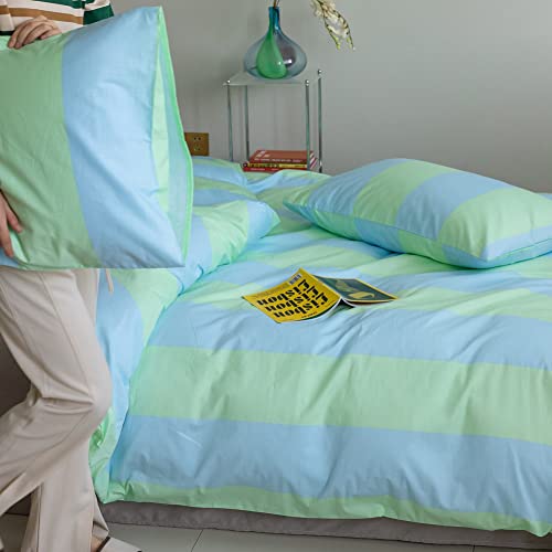 Layenjoy Geometric Kids Duvet Cover Set Queen, 100% Cotton Bedding, Light Blue Green Stripe Geometric Pattern, 1 Abstract Comforter Cover Full And 2 Pillowcases For Kids Teens Boys Girls Women #TOP2