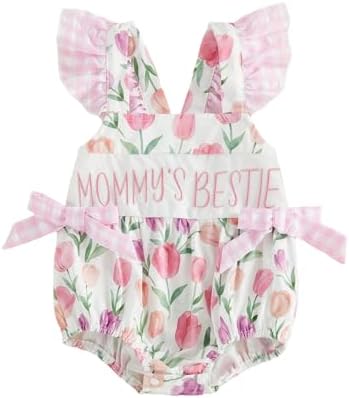 Bonangber Newborn Baby Girl Summer Clothes Fly Sleeve Flower Print Bubble Romper Infant Bodysuit Cute First Mothers Day Baby Outfit(A-Pink Mommy Girl,0-3 Months)