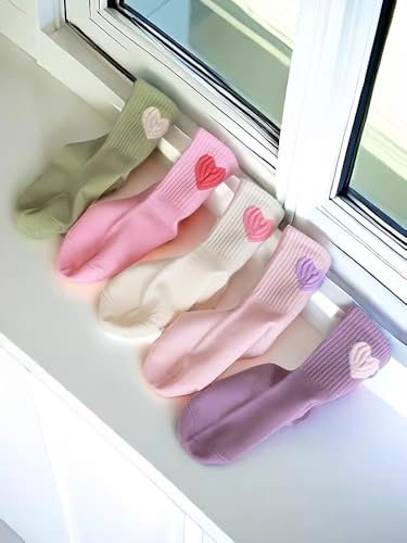 Girls 5 Pairs Crew Athletic Socks Cute Pink Sports Socks Casual Stretchy Socks 3-12Y4