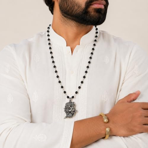 Image of Karungali Malai 8mm Certified with Lord Flute Krishna Pendant Silver Plated | 54 Beads Authentic Black Ebony Wood Mala with German Silver Cap | Spiritual Protection Chain for Men & Women