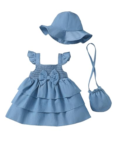 Baby Girl Clothes 12 18 Months Baby Dress Summer Infant Sleeveless Three Layers Dresses Ruffle Smocked Denim Blue Princess Dress Cute Solid Color Outfits Beach Casual Sundress with Hat
