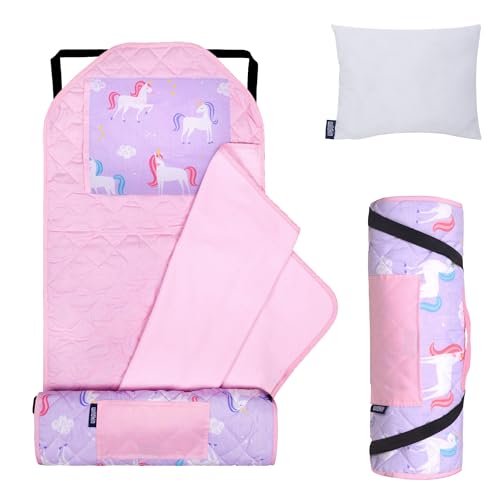 Image of Wildkin Modern Kids Nap Mat with Pillow for Girls - Soft & Cozy Cotton Blend, Elastic Straps, Toddler Sleep Mat for Daycare, Preschool, Kindergarten & Travel, Ages 3-7, Machine Washable - Unicorn