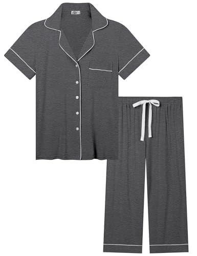 Image of Joyaria Bamboo Viscose Cooling Pajamas for Women Capri Button Front Pjs Set | Ideal for Night Sweats, Hot Sleeper Friendly, Breathable & Moisture Wicking, Short Sleeve Top