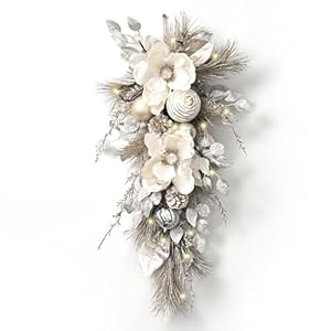 Valery Madelyn Pre-Lit Valentine’s Day Teardrop Swag for Decorating Outdoor, 24 Inch Mailbox Swag Decoration with Champagne Gold Ball for Stairway Window Shelf Holiday Party Wedding Decor