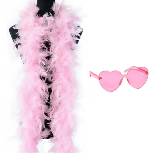 WFKKMEQ Federboa 2M Federschal Kostüm Zubehör Flauschige Federboa mit Partybrille Feder Boas für Frauen Turkey Feather Boas Dekorieren für Hochzeit Ankleiden Party Cosplay Karneval(Rosa)