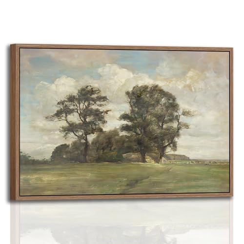 Framed Vintage Oak Canvas Wall Art Rustic Farmhouse Countryside Tree
